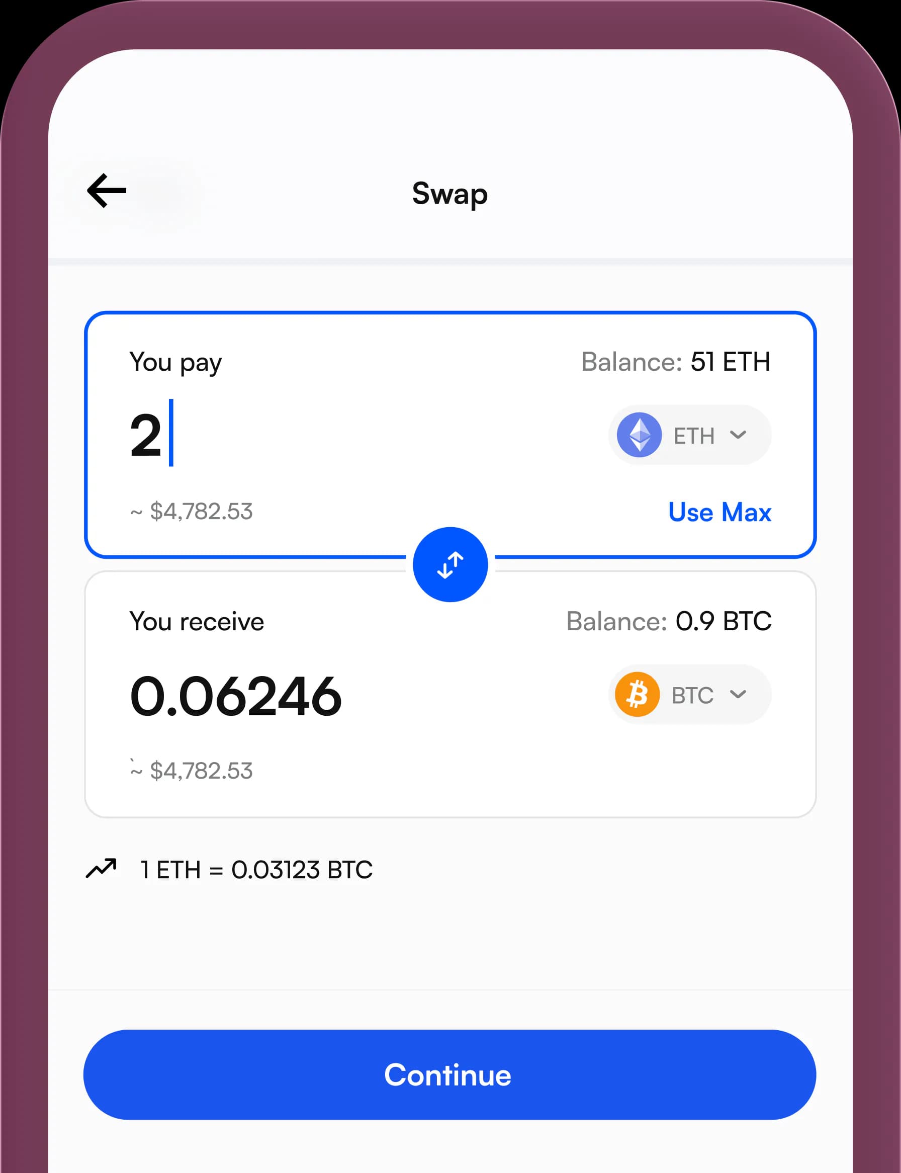 Swap crypto interface